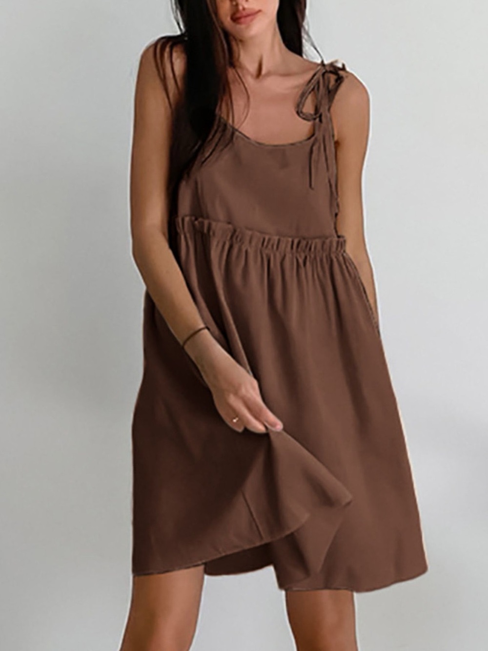 ♥️Hello Gorgeous!  COTTON Tie-Shoulder Frill Mini Sleeveless  Sundress - Brown